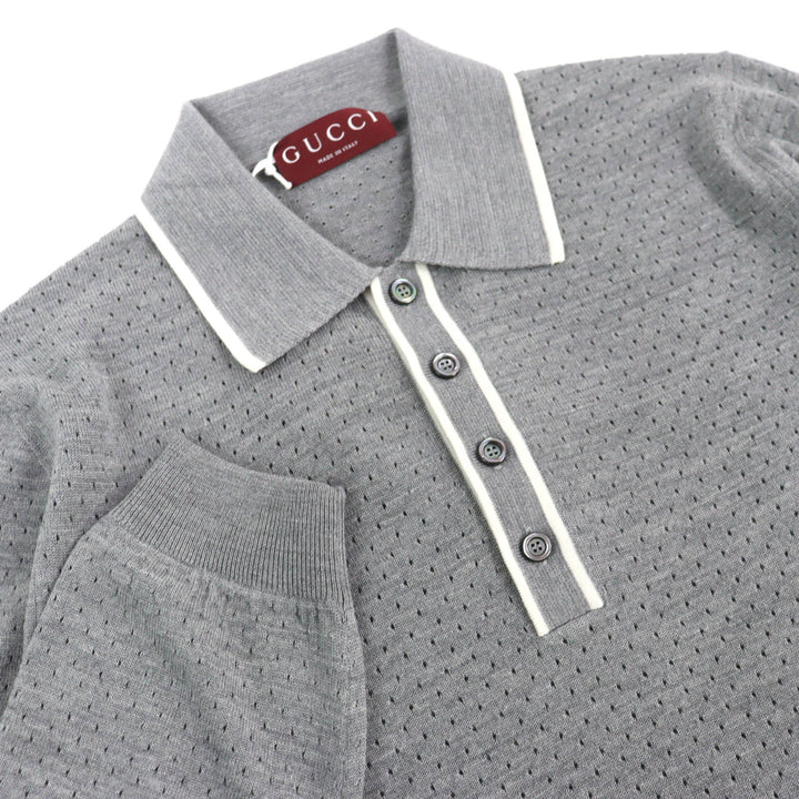 Pristine GUCCI Long sleeve polo shirt Logo knit gray wool mens M 824573