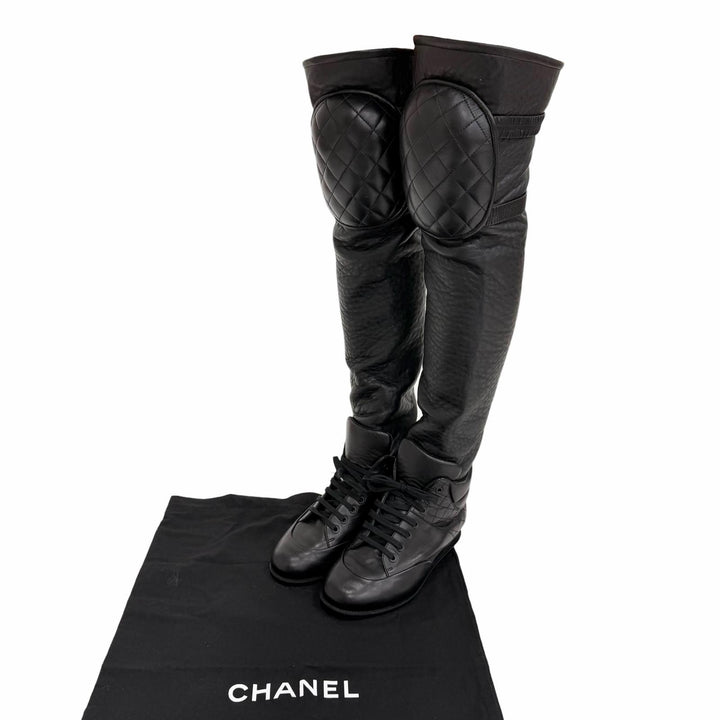 Excellent CHANEL COCO Mark Quilted Knee Pad High Sock Boots Knee-High 36 G30434