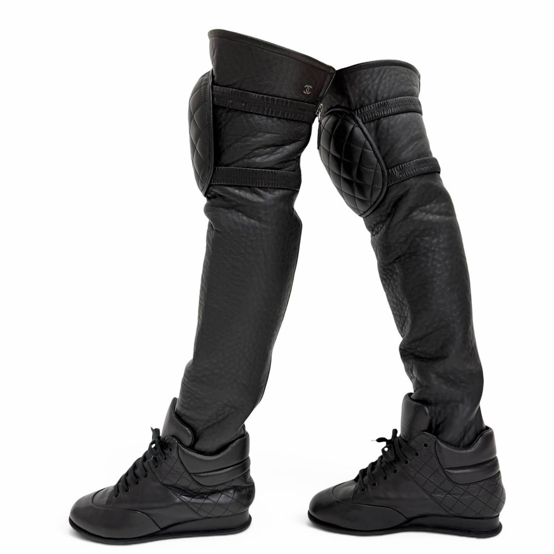 Excellent CHANEL COCO Mark Quilted Knee Pad High Sock Boots Knee-High 36 G30434