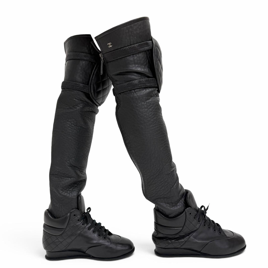 Excellent CHANEL COCO Mark Quilted Knee Pad High Sock Boots Knee-High 36 G30434