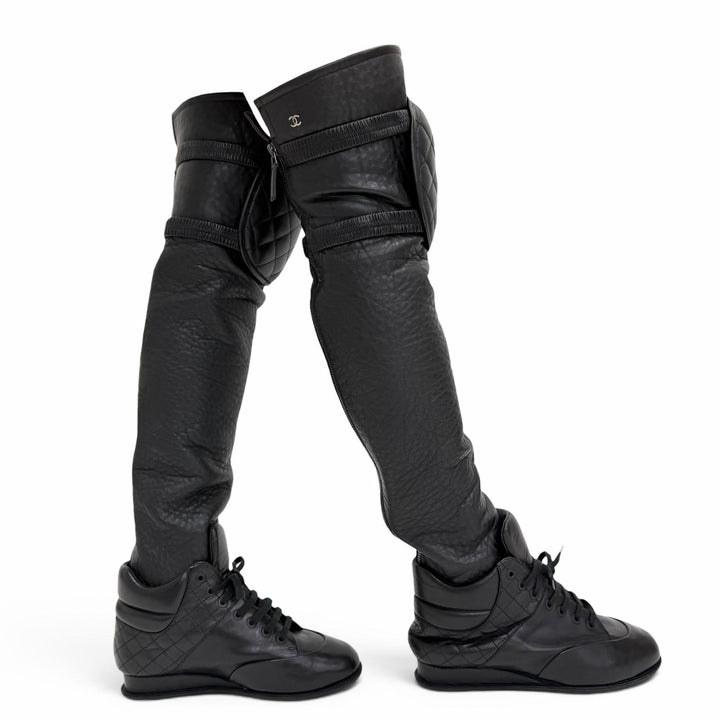 Excellent CHANEL COCO Mark Quilted Knee Pad High Sock Boots Knee-High 36 G30434