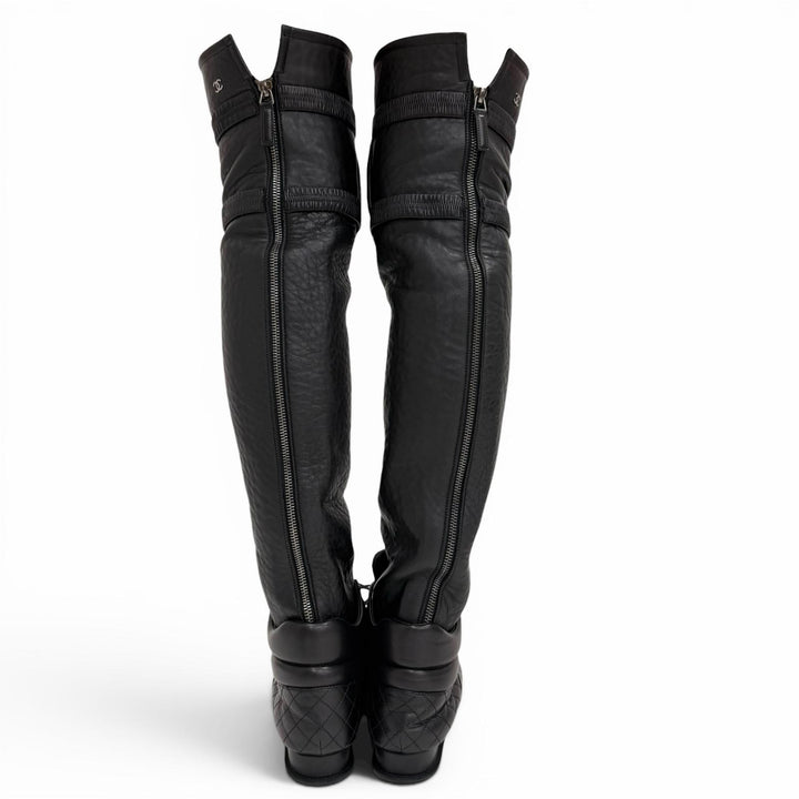Excellent CHANEL COCO Mark Quilted Knee Pad High Sock Boots Knee-High 36 G30434