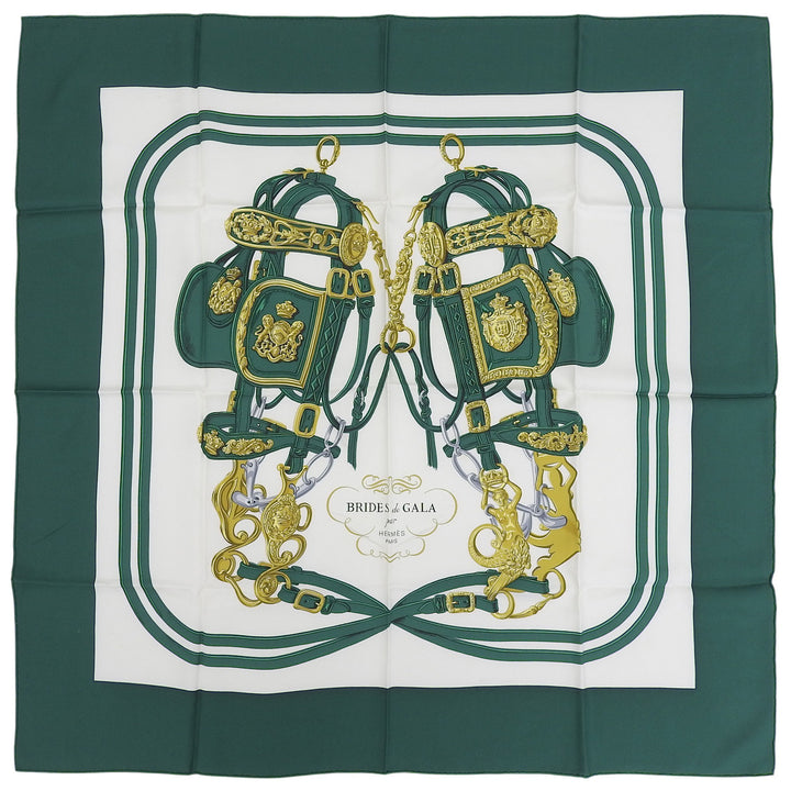 Excellent HERMES scarf Carre 90 BRIDES de GALA green silk Women