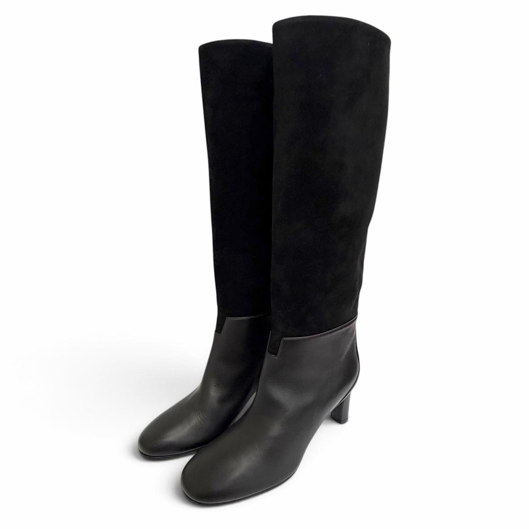 Excellent HERMES Knee-high boots H logo design black Suede leather Women 37