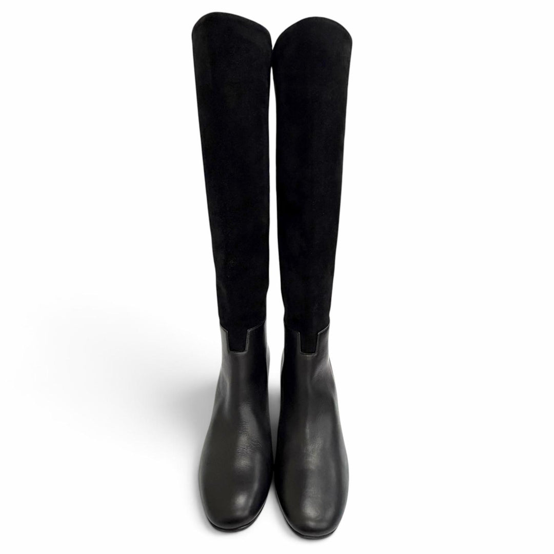 Excellent HERMES Knee-high boots H logo design black Suede leather Women 37