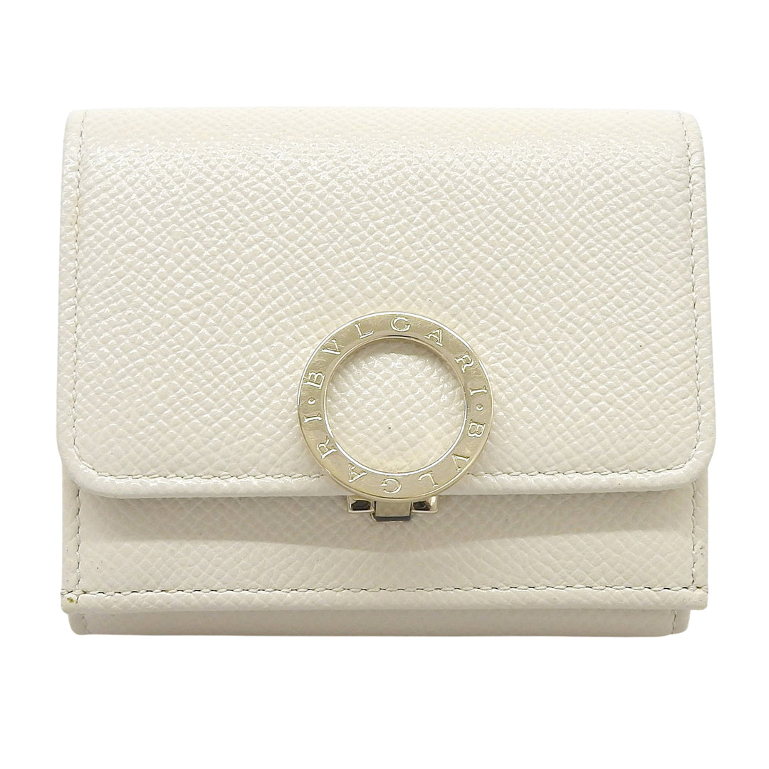 Excellent BVLGARI Tri-fold wallet Compact wallet bicolor light beige leather