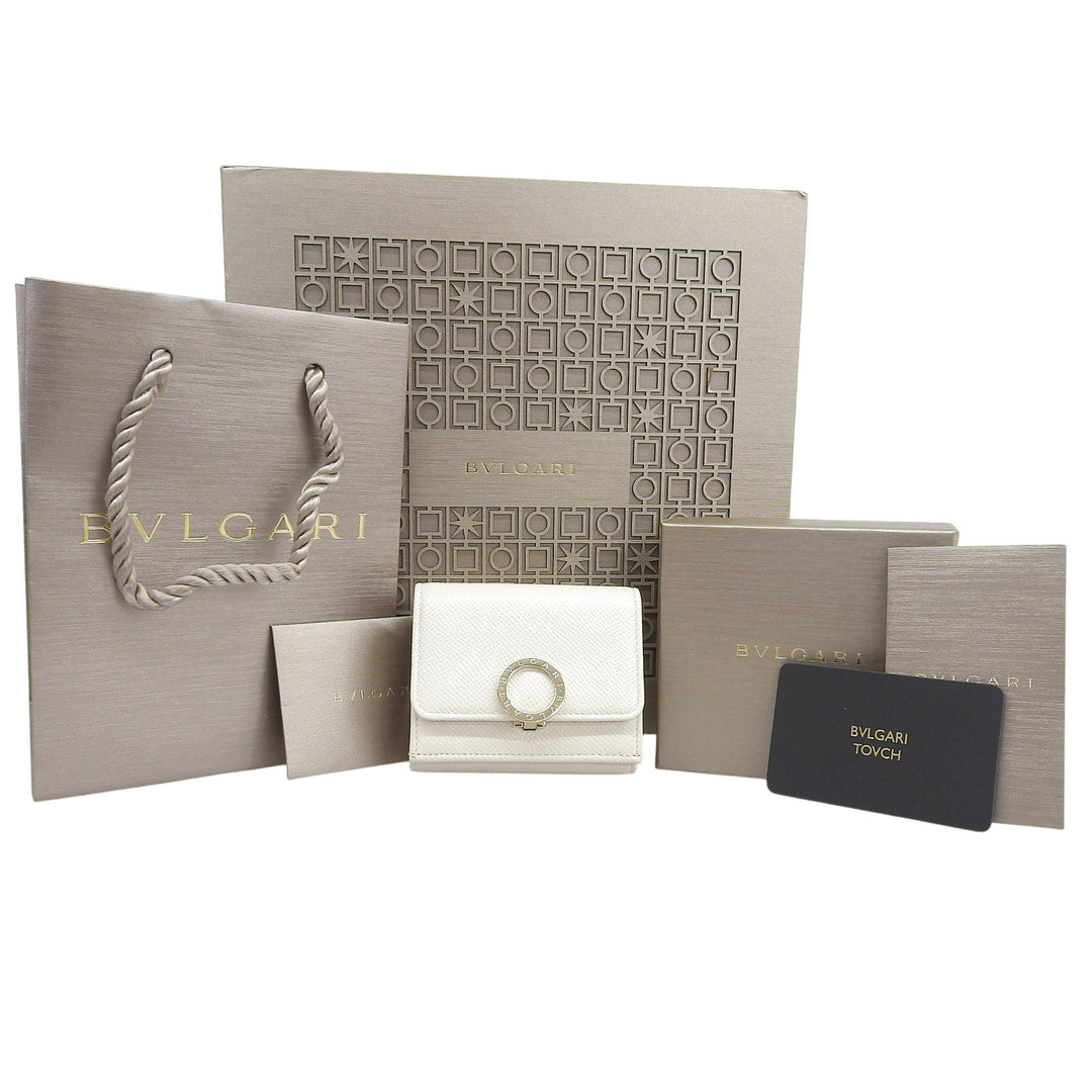 Excellent BVLGARI Tri-fold wallet Compact wallet bicolor light beige leather