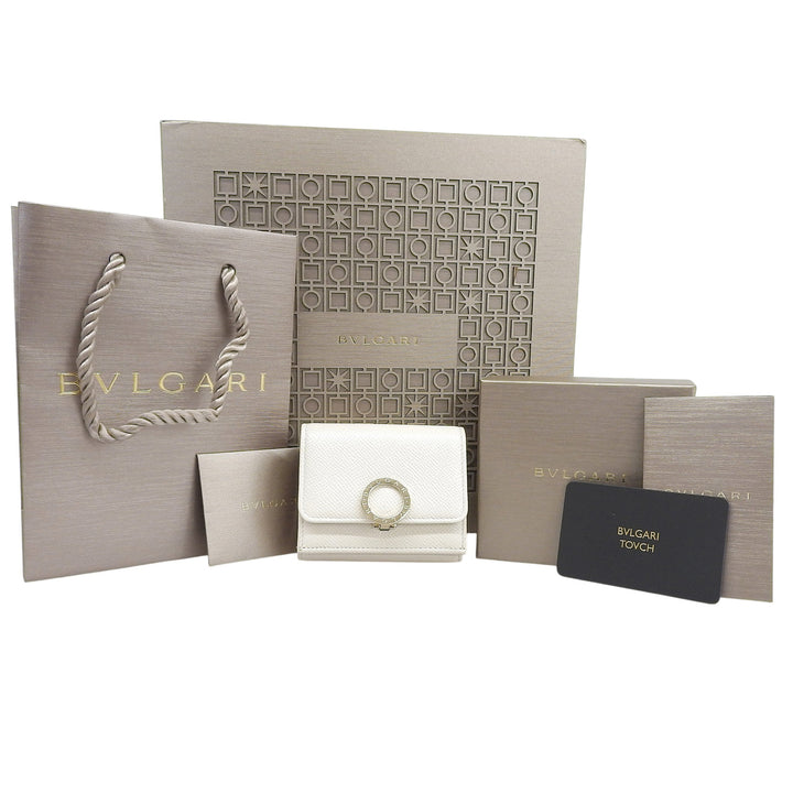 Excellent BVLGARI Tri-fold wallet Compact wallet bicolor light beige leather