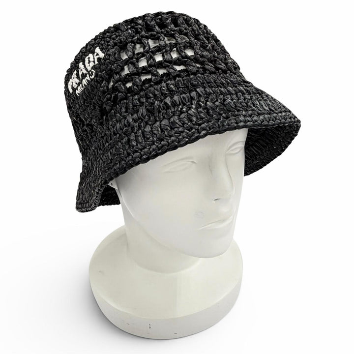 Excellent PRADA hat Raffia Logo Lettering Crochet Bucket Hat black M 1HC137