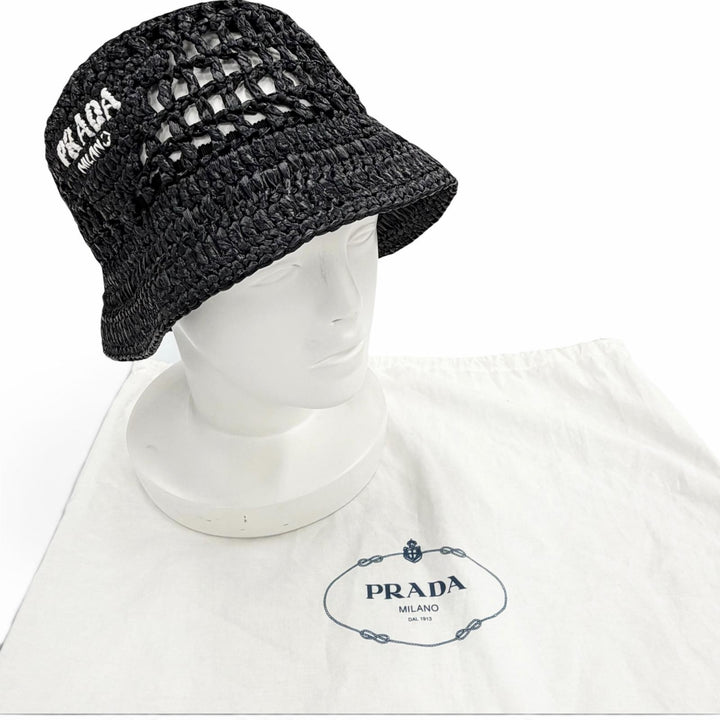 Excellent PRADA hat Raffia Logo Lettering Crochet Bucket Hat black M 1HC137