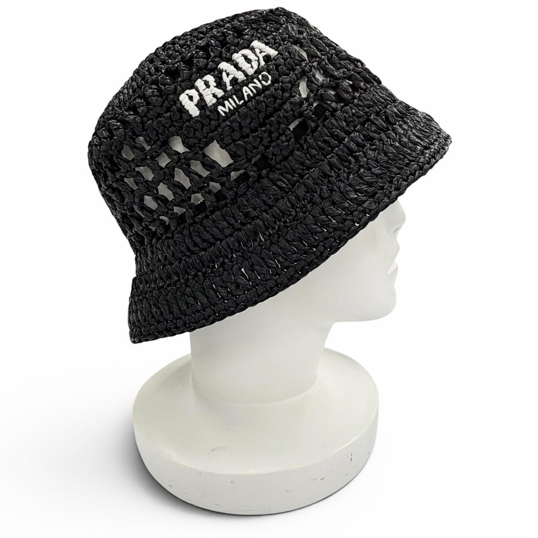 Excellent PRADA hat Raffia Logo Lettering Crochet Bucket Hat black M 1HC137