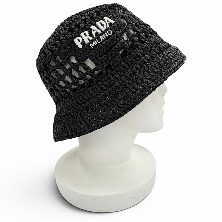 Excellent PRADA hat Raffia Logo Lettering Crochet Bucket Hat black M 1HC137