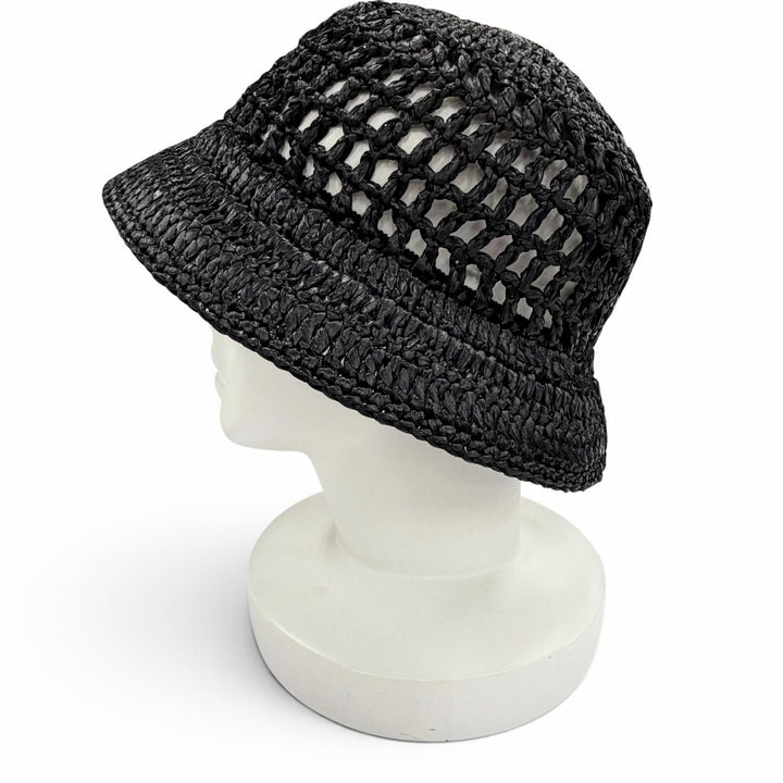 Excellent PRADA hat Raffia Logo Lettering Crochet Bucket Hat black M 1HC137