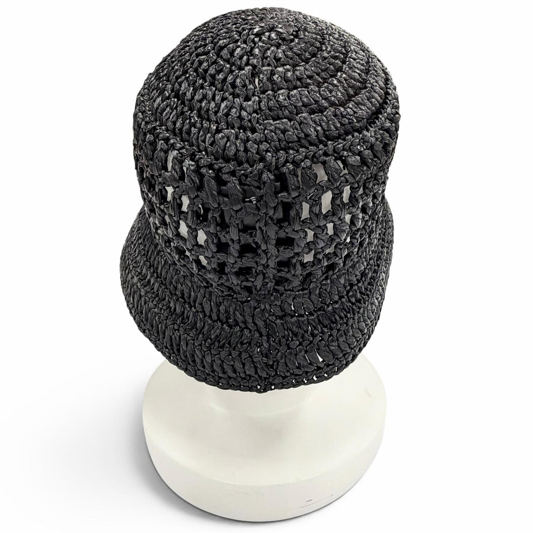 Excellent PRADA hat Raffia Logo Lettering Crochet Bucket Hat black M 1HC137