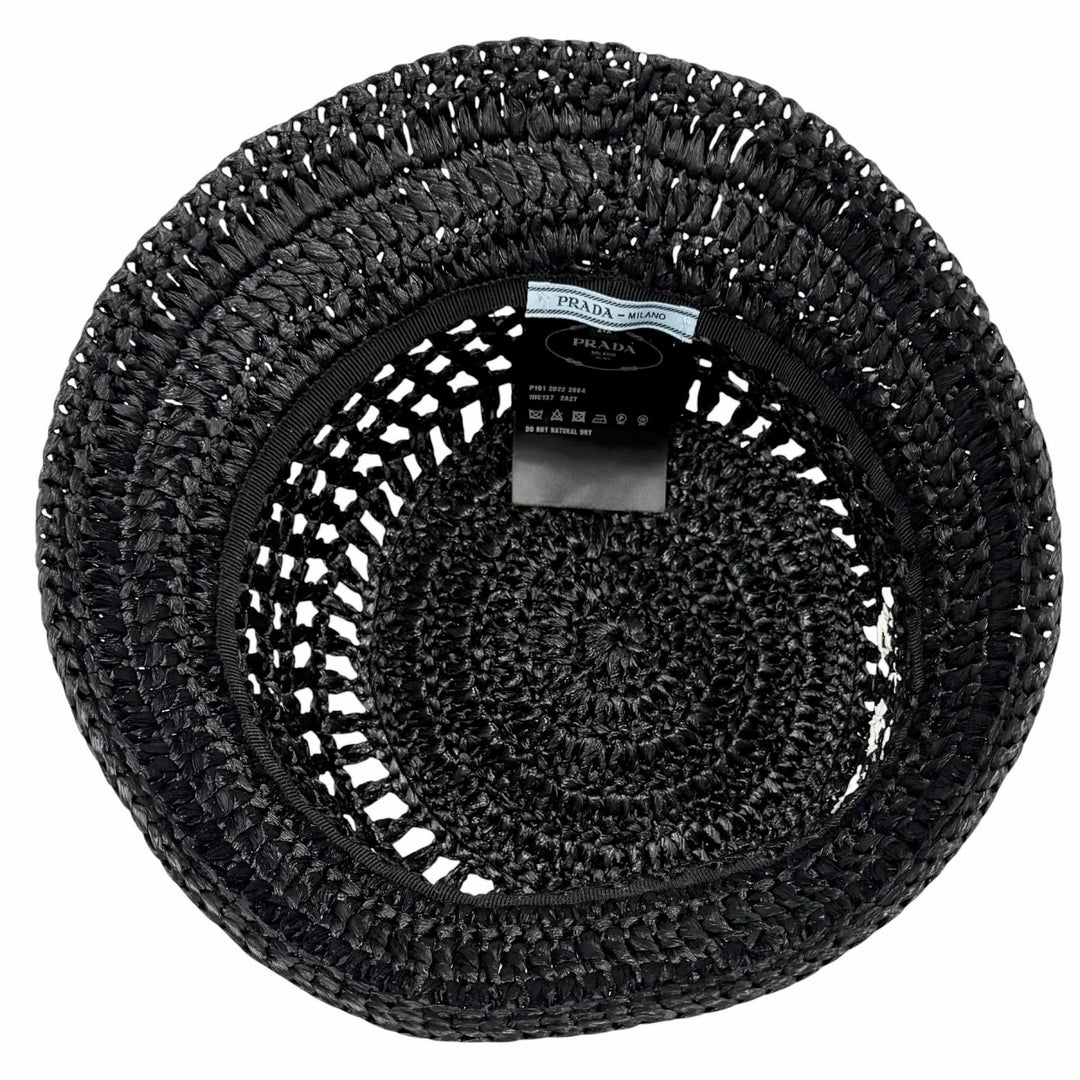 Excellent PRADA hat Raffia Logo Lettering Crochet Bucket Hat black M 1HC137