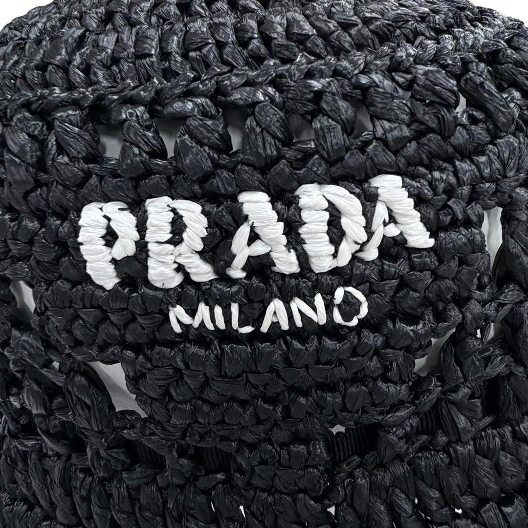 Excellent PRADA hat Raffia Logo Lettering Crochet Bucket Hat black M 1HC137
