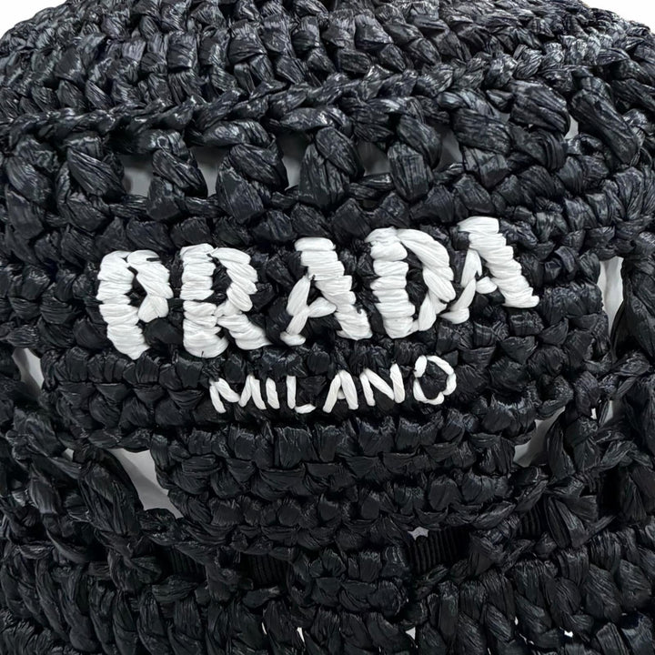 Excellent PRADA hat Raffia Logo Lettering Crochet Bucket Hat black M 1HC137