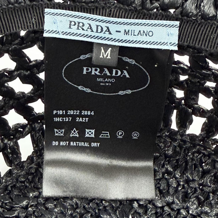 Excellent PRADA hat Raffia Logo Lettering Crochet Bucket Hat black M 1HC137