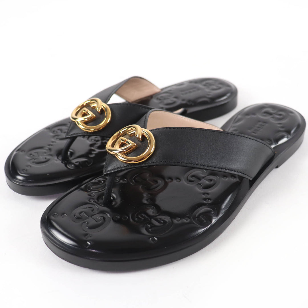 Great GUCCI Sandals Interlocking G black leather Women 36.5 695207