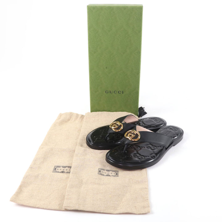 Great GUCCI Sandals Interlocking G black leather Women 36.5 695207