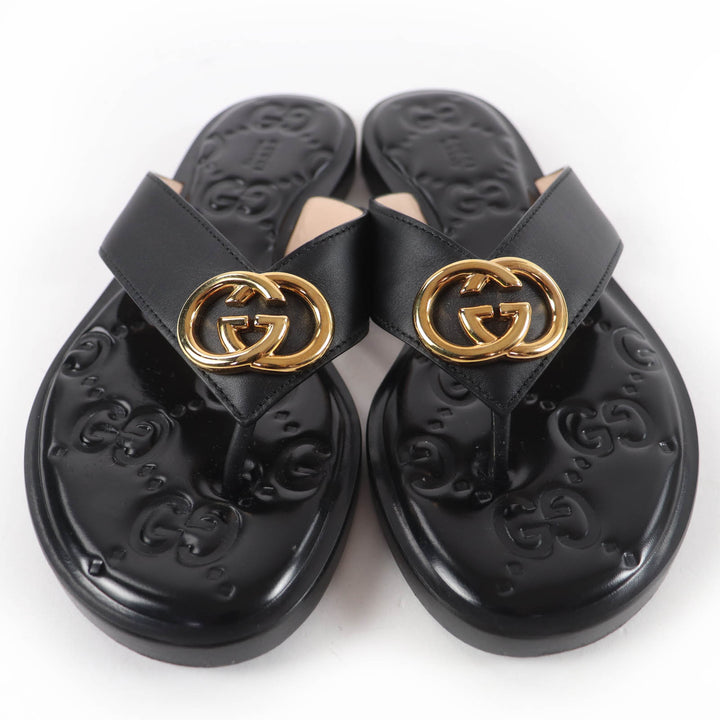 Great GUCCI Sandals Interlocking G black leather Women 36.5 695207