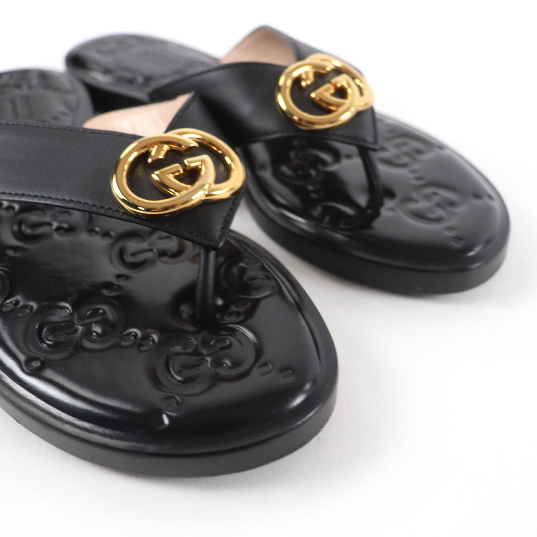 Great GUCCI Sandals Interlocking G black leather Women 36.5 695207