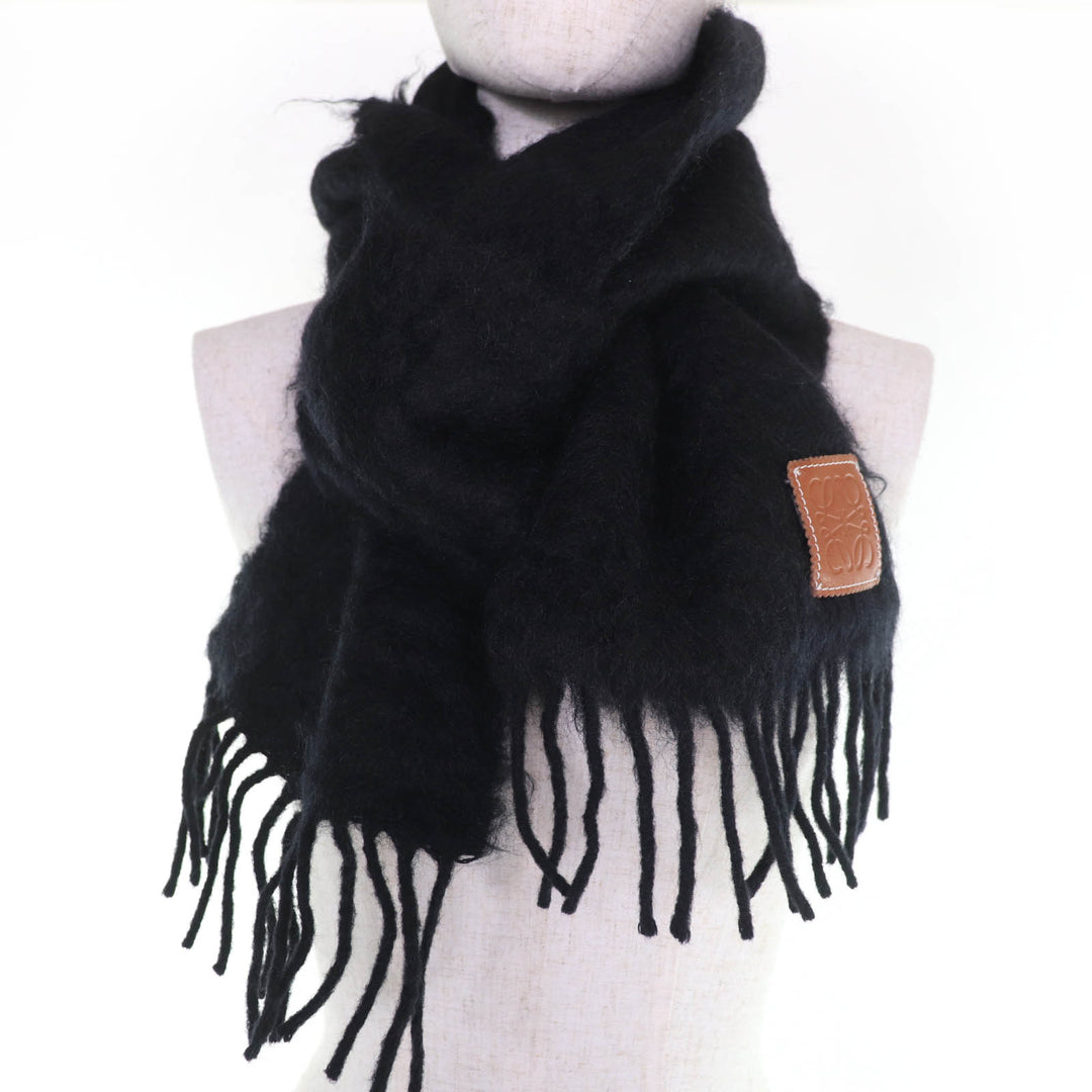 Great LOEWE Scarf Anagram leather patch with fringe black mohair Women