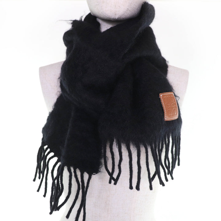 Great LOEWE Scarf Anagram leather patch with fringe black mohair Women