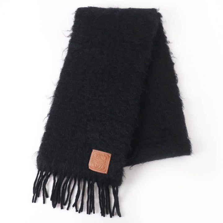 Great LOEWE Scarf Anagram leather patch with fringe black mohair Women