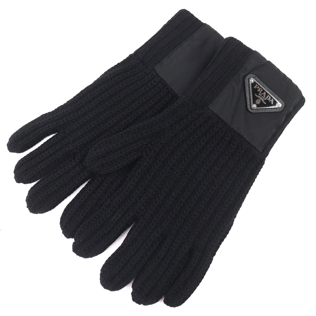 Great PRADA gloves Triangle Rib Knit Gloves with Logo black Virgin wool UMK75