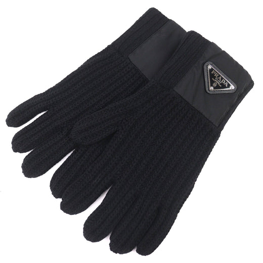 Great PRADA gloves Triangle Rib Knit Gloves with Logo black Virgin wool UMK75