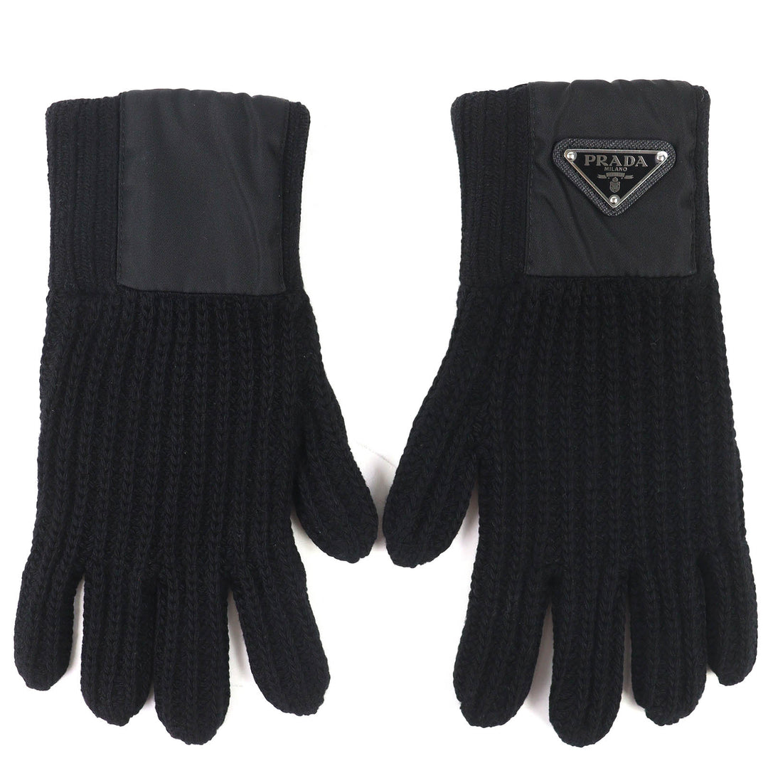 Great PRADA gloves Triangle Rib Knit Gloves with Logo black Virgin wool UMK75