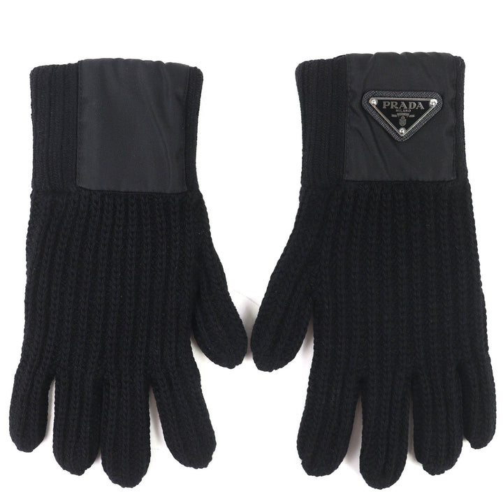 Great PRADA gloves Triangle Rib Knit Gloves with Logo black Virgin wool UMK75