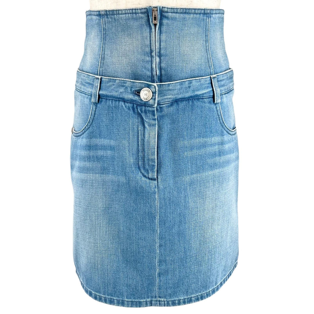 Great CHANEL skirt COCO Mark Button High-Waisted Denim Indigo Women 34 P53458