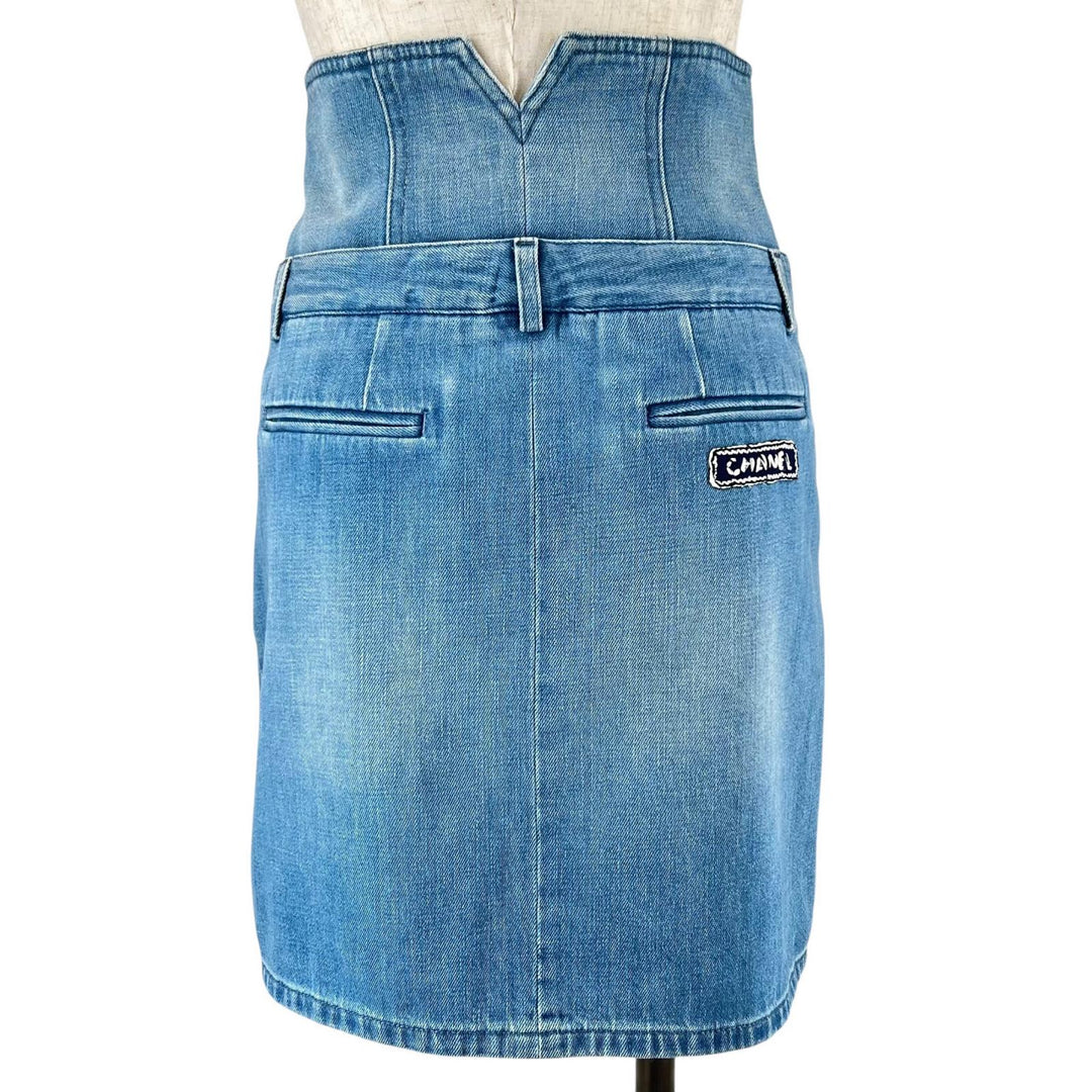 Great CHANEL skirt COCO Mark Button High-Waisted Denim Indigo Women 34 P53458