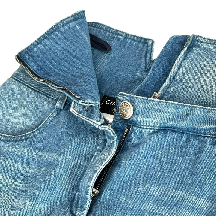 Great CHANEL skirt COCO Mark Button High-Waisted Denim Indigo Women 34 P53458