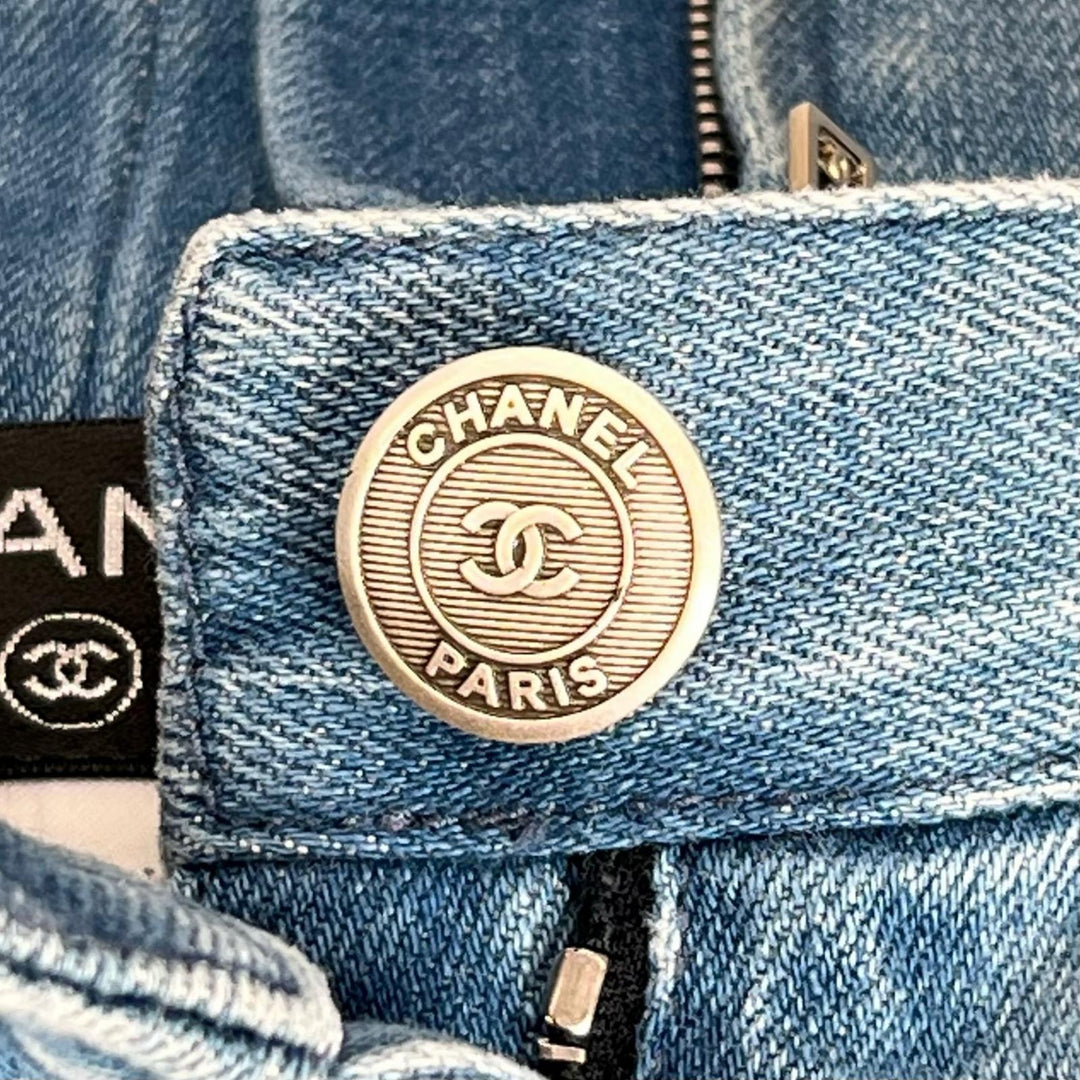 Great CHANEL skirt COCO Mark Button High-Waisted Denim Indigo Women 34 P53458