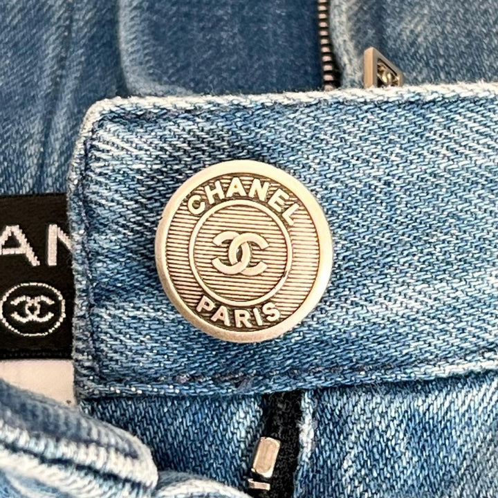Great CHANEL skirt COCO Mark Button High-Waisted Denim Indigo Women 34 P53458
