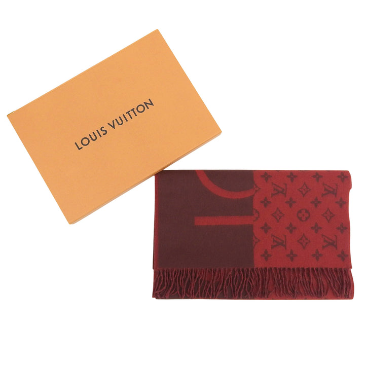 Excellent LOUIS VUITTON Scarf Echelop Monogram Split fringe Red cashmere M76018