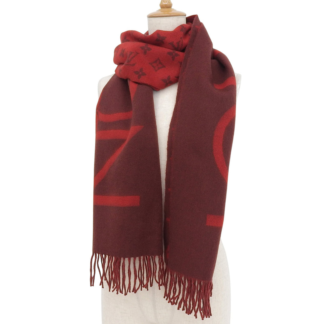 Excellent LOUIS VUITTON Scarf Echelop Monogram Split fringe Red cashmere M76018