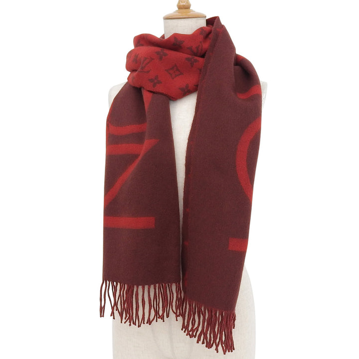 Excellent LOUIS VUITTON Scarf Echelop Monogram Split fringe Red cashmere M76018