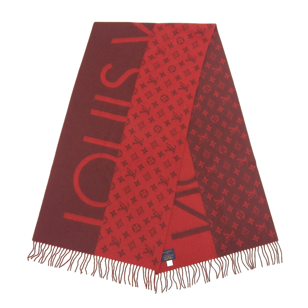 Excellent LOUIS VUITTON Scarf Echelop Monogram Split fringe Red cashmere M76018