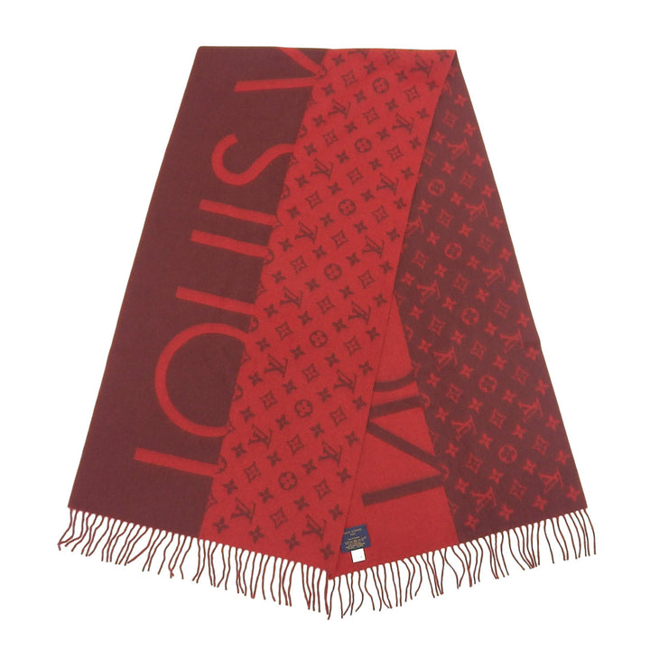 Excellent LOUIS VUITTON Scarf Echelop Monogram Split fringe Red cashmere M76018