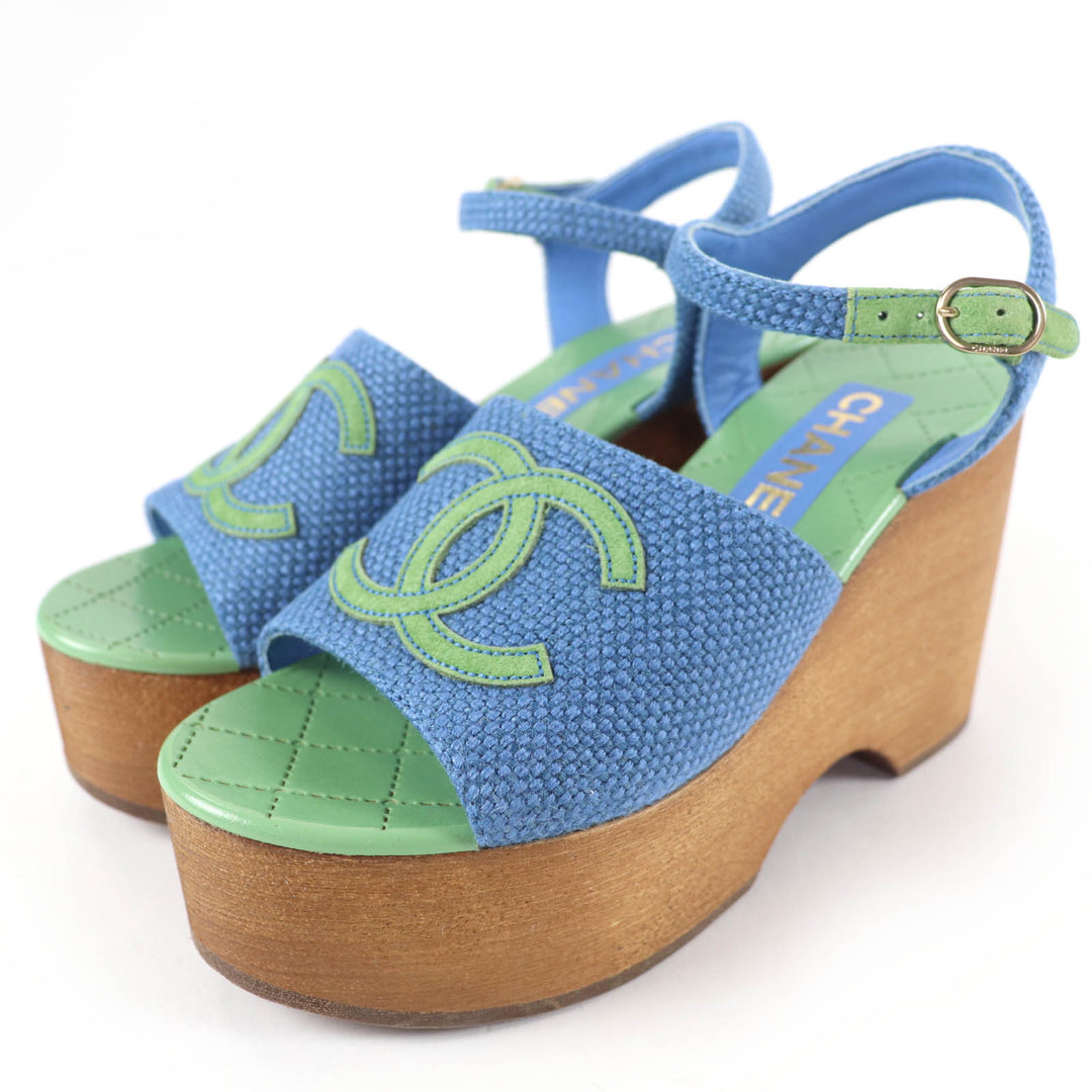 Excellent CHANEL Sandals COCO Mark Ankle Strap Wedge Heels blue Women 35 G45555