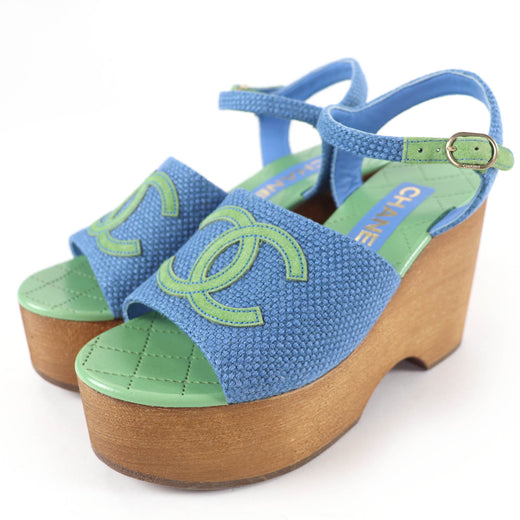 Excellent CHANEL Sandals COCO Mark Ankle Strap Wedge Heels blue Women 35 G45555