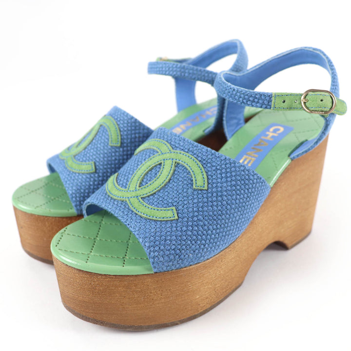 Excellent CHANEL Sandals COCO Mark Ankle Strap Wedge Heels blue Women 35 G45555