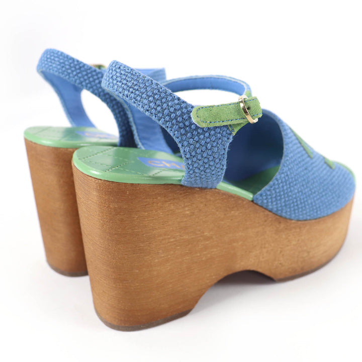 Excellent CHANEL Sandals COCO Mark Ankle Strap Wedge Heels blue Women 35 G45555