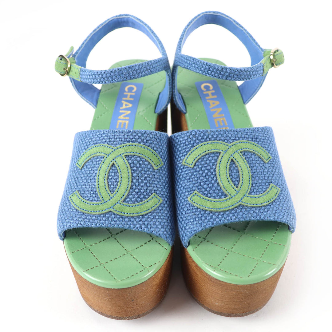Excellent CHANEL Sandals COCO Mark Ankle Strap Wedge Heels blue Women 35 G45555