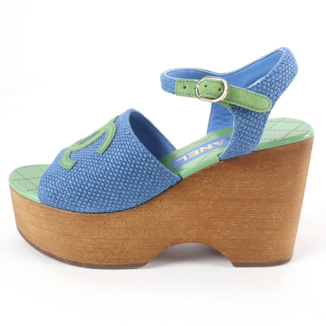 Excellent CHANEL Sandals COCO Mark Ankle Strap Wedge Heels blue Women 35 G45555