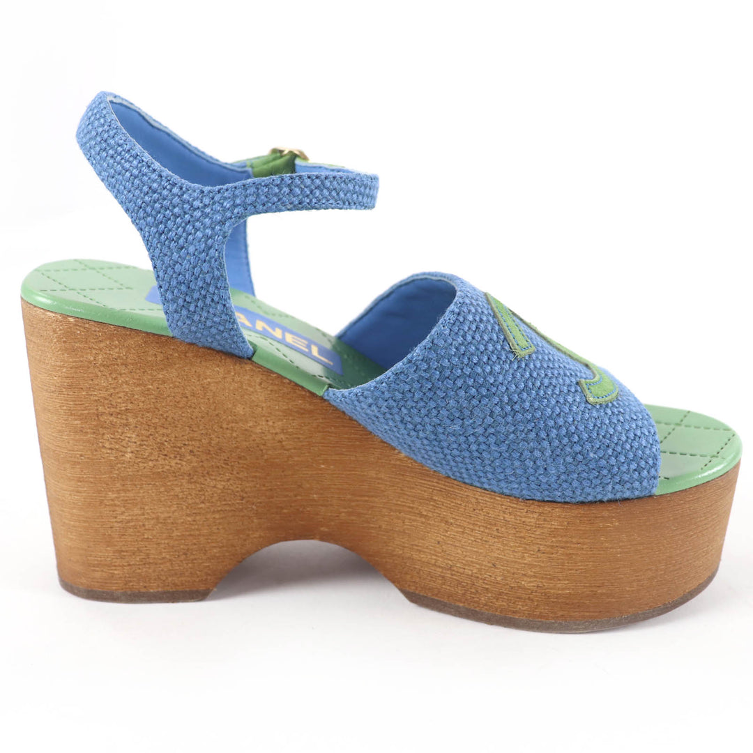 Excellent CHANEL Sandals COCO Mark Ankle Strap Wedge Heels blue Women 35 G45555